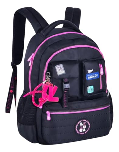 Luluca Mochila Style 2026, Nylon Matelassê, Preta com Detalhes Rosa, com Chaveiro, Múltiplos Compartimentos