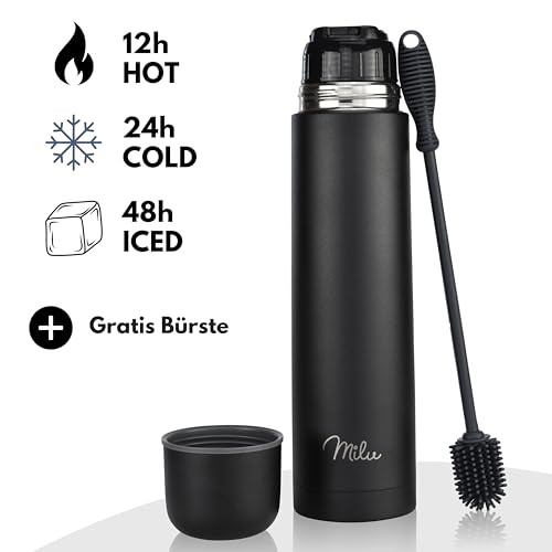 Foto von Milu Thermosflasche Thermoskanne Isolierflasche 1L, 750ml, 500ml - Isolierte Edelstahl Trinkflasche, 100% Auslaufsicher, Doppelwandisolierung (Schwarz, 1000 ml)