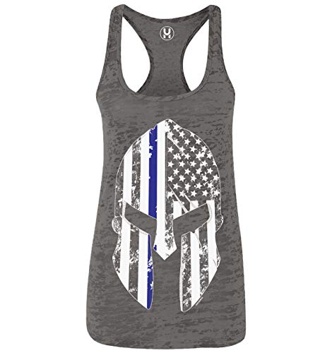 Blue Line American Flag Spartan Head - USA Ladies Racerback Tank Top