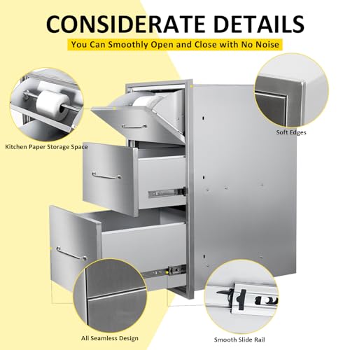 Image of Outdoor Kitchen Drawers with Paper Towel Holder 17 inch W x 30 inchH Flush Mount BBQ Drawers with Chrome Handle,Stainless Steel Built-in Triple Access Drawers for Outdoor Kitchen Island, Patio Grill Station