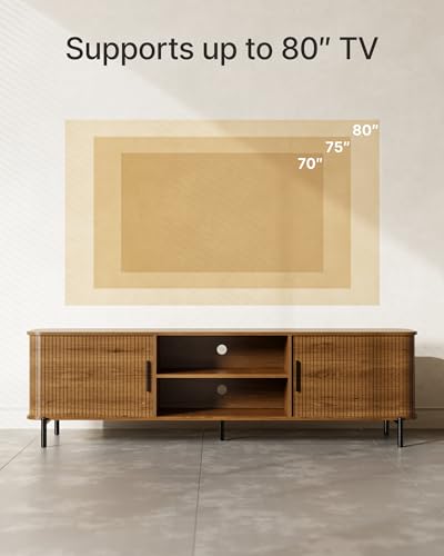 Image of SUNCOZE 70 inch Mid-Century Fluted TV Stand with Storage up to 80 Inch, Walnut