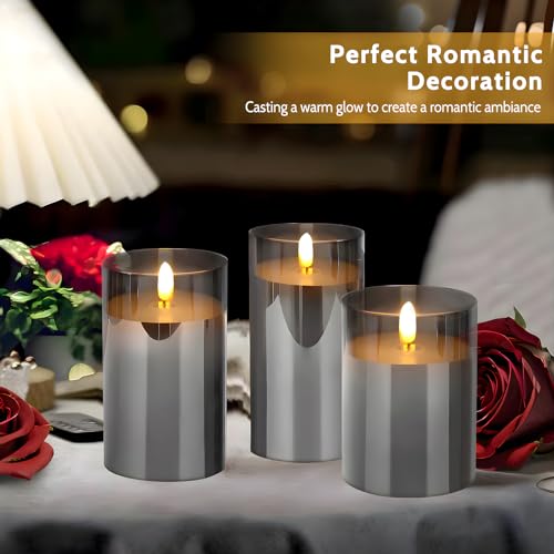 Image of Grey Glass Flameless Candles with Remote and Timer, Real Wax Candles Warm Flickering LED Pillar Battery Operated Candle Light for Halloween Wedding Party Home Decoration, Set of 3