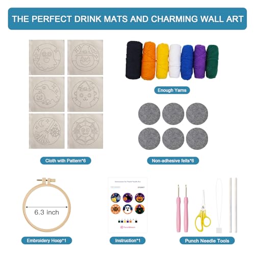 Image of Halloween Punch Needl Kit for Adults Beginners, Easy Embroidery Punch Coaster Starter Set with Instruction - Fun Needle Point Craft for Table Decor & Festival DIY Gifts (6pcs Spooky)