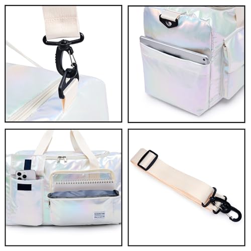 Image of BEULPTN Small Gym Bag for Women, Travel Duffel Bag Carry On Weekender Bag with Shoe Compartment, Z6#Beige Shinny, 11*19.6*8.2 inches, Gym Bag&Toiletry Bag