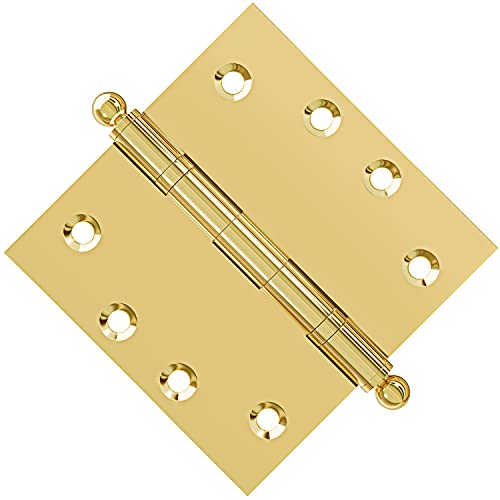 Finsbury Hardware Solid Brass Door Hinge Heavy Duty Ball Bearing Polished Shiny Gold 4.5 X 4.5 Inch With Decorative Screw-On Tips Included - Set Of 3 Hinges (Polished Brass) #TOP3