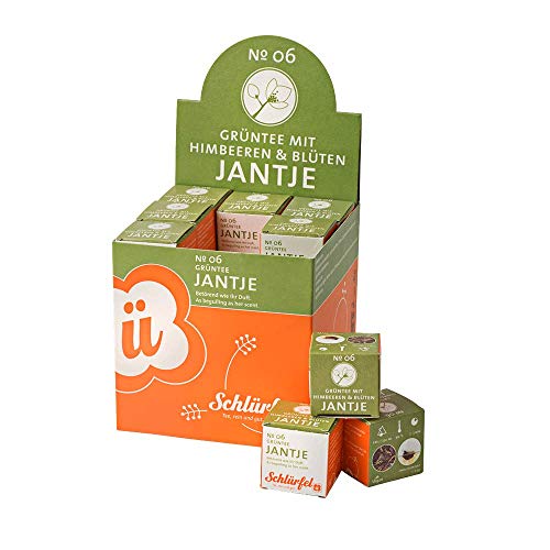Schlürf Grüntee "Jantje" No. 6, Schlürfel Bio-Grüntee mit Himbeerene und Blüten, Display mit 27 Pyramiden-Teebeuteln in Würfeln einzeln verpackt, 67,5g (27 x 2,5g) Cover
