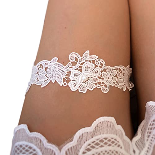 Handcrafted Bridal Garter White lace Flower Bride Wedding Garters Belt Handmade Leaf Strecth Prom for Women (337)