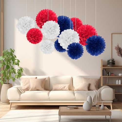 Image of 18 PCS Tissue Paper Pom Poms, Tissue Pom Poms Flowers, Sizes of 6 inch, 10 inch, 12 inch, 14 inch Hanging Paper Flower Ball for Independence Day, Fourth of July, Baby Shower Party Decor (Red Blue White)