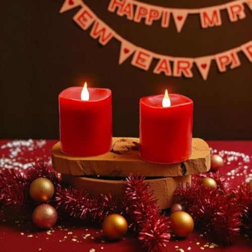Image of Red Flameless LED Candles 3 inch Diameter Real Wax 2AA Battery Operated 600hr+ Flickering Candles with Timer Remote Control for Halloween Thanksgiving Christmas Wedding Indoor (Red, 3″x3″- 2 PCS)