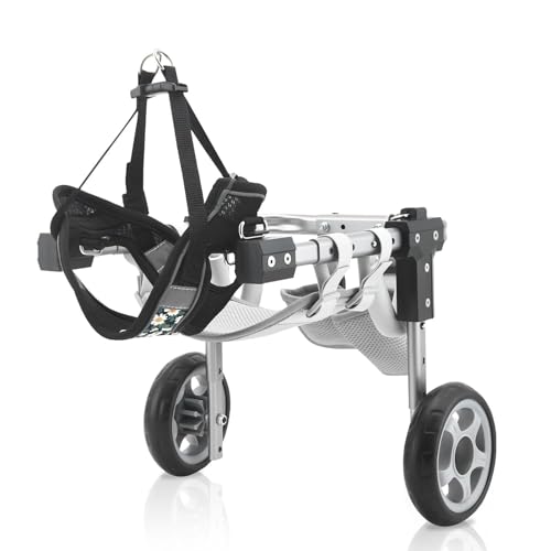 Sedia a Rotelle per Animali Domestici in Alluminio Regolabile, Carrellino per Cani Disabili Feriti Zampe Posteriori, Ruote Silenziose per Cani 2-7kg, Materiale ABS Resistente per Riabilitazione