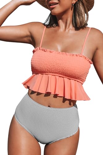 CUPSHE Conjunto de Bikini Bandeau Fruncido Cintura Alta Traje de Baño de Dos Pieza (Melocotón, Small)