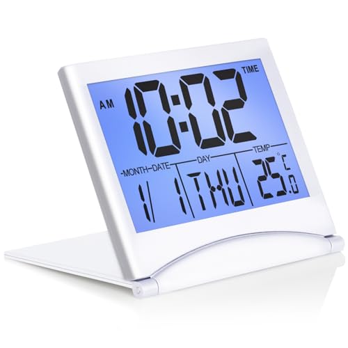 Betus Digital Travel Alarm Clock with White Backlight - Foldable Calendar Temperature Timer LCD Clock with Snooze Mode - Large Number Display, Battery Operated - Compact Desk Clock for All Ages