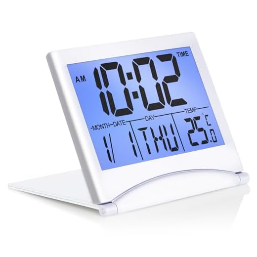 Betus Digital Travel Alarm Clock with White Backlight - Foldable Calendar Temperature Timer LCD Clock with Snooze Mode - Large Number Display, Battery Operated - Compact Desk Clock for All Ages