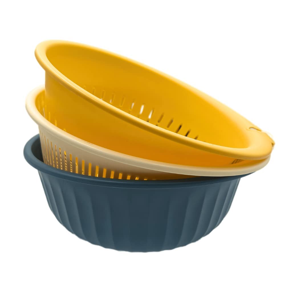 VIO 3 Pack Large Kitchen Strainer Colander Bowl Set, 3-in-1 Multifunctional Wash, Strain, Drain, Store and Serve Basket for Fruits, Vegetables, Pasta, Salads, Berries (STYLE A)