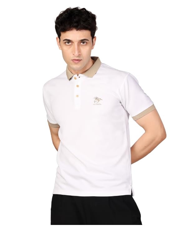 Men's Golf Polo Shirt, Navy Blue, White, Black, Olive and Orange with Beige Contrast Collar, Short Sleeve, Classic Fit-image-11