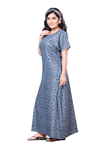 Image of PNAEONG Women's Printed Cotton Nighty, Gown Maxi - Free Size Grey