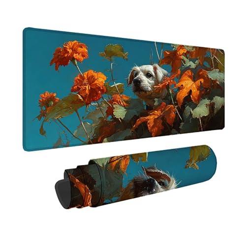 Tapis de souris XXL 800x400mm fleurs et chien pour bureau PC