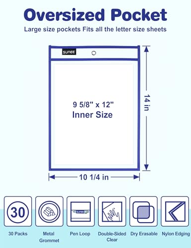 SUNEE 30 Packs Oversized Reusable Dry Erase Pocket Sleeves with 2 Rings, 10 Assorted Colors 10x14 Ticket Holders, Clear Plastic Sheet Protectors, Teacher School Classroom Supplies