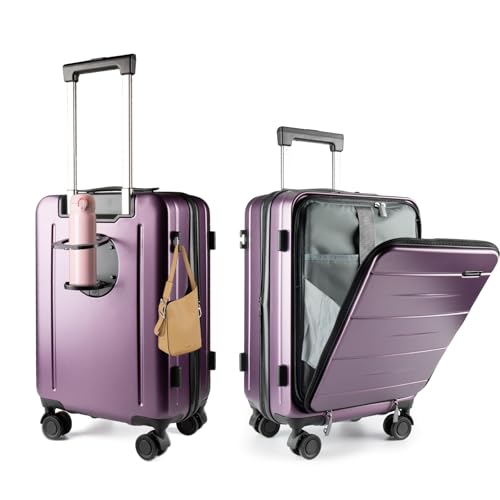 20-Inch Hardshell Carry-On Luggage with TSA Lock,Cup Holder, 360° Silent Spinner Wheels & Front Pocket - Lightweight suitcase for Business Travel, With Extensible Layer(Purple)