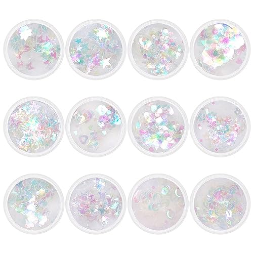 Aurora Iridescent Mixed Shape Glitter Set / 12 Jars, Magic Iridescent Nail Art Glitter Decoration, Ultra Sparkly Mermaid Nail Glitter, Home DIY/Nail Salon Manicure