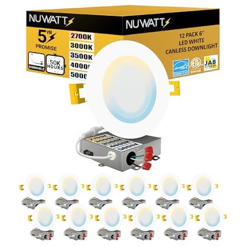 NUWATT 12 Pack, 6 Inch Ultra-Thin LED Recessed Lighting, CCT 2700K/3000K/3500K/4000K/5000K Selectable, 1050LM 15W, Dimmable, IC Rated, Wet Rated, Canless Can Light for Ceiling with Junction Box, White Cover