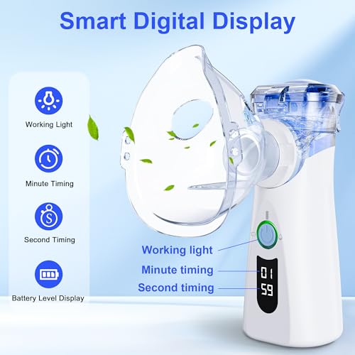Portable Nebulizer Spacer with Intuitive LED Interface for Adults Kids, 2 Modes with Auto-Cleaning, Handheld Nebulizer with Mouthpiece and Masks