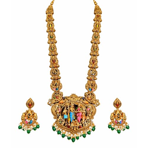 Image of Premium Sita Ramam Temple Jewellery Long Haram Set for Women | Antique Gold Plated Bridal Necklace with Rama Sita Lakshmi Motifs & Pearl Danglers | Traditional South Indian Wedding Jewellery with Matching Earrings