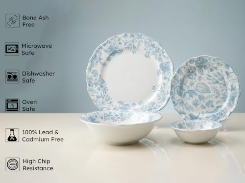 Image of Bodhi House Porcelain Dinner Set 20 Pieces - Blue Leaf White Dinnerware Set | 6 Dinner Plates, 6 Quarter Plates, 6 Katori Bowls, 2 Serving Bowls | Premium Crockery Set for Dining, Kitchen & Gifting
