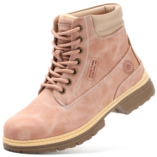 ANJOUFEMME Combat Work Hiking Boots for Women - Ladies Casual Waterproof Outdoor Boots, Walking Hiking Shoes, Backpacking Boots FNW2018-PINK-6.5