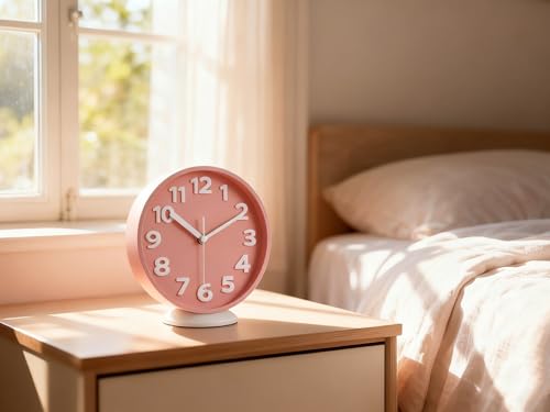 JENLYSTIME 8 Inch Vibrant Pink Modern Wall Clock – Silent Non-Ticking, Bold 3D Numbers, Precise Quartz Movement | Decorative Desk & Wall Clock with Stand for Home, Kitchen, Bedroom, or Office - Image 5