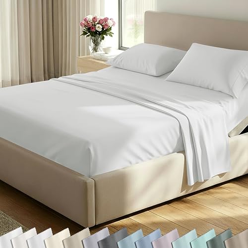 Image of California Design Den 100% Cotton Split King Sheets Sets for Adjustable Bed - 600 Thread Count Sateen Bed Sheet Cotton Set, Deep Pockets, All Around Elastic, Durable Bedding - Antique Ivory Mist