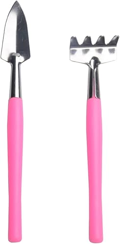 jojofuny Práctica mini herramienta de jardín, mango de plástico antideslizante rosa con pala de hierro y rastrillo para plantar macetas en