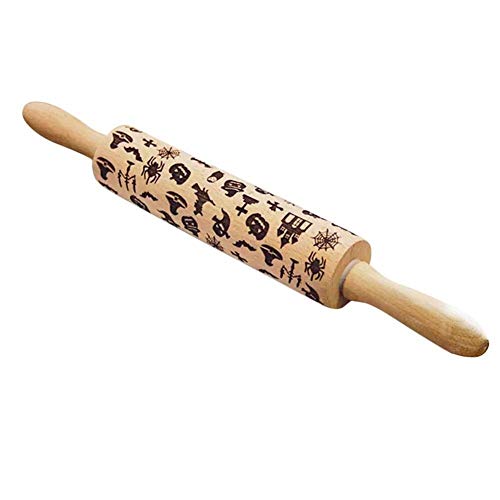 Xinxun Rodillo Cocina Rodillo de Madera de Halloween - Rodillo Grabado en Relieve de Halloween Galletas for Hornear Fideos Fondant Pastel Masa Rollo Estampado para Hornear Pastel de Pizza Pastas