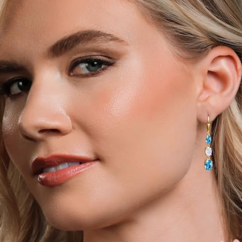 Gem Stone King 18K Yellow Gold Plated Silver Swiss Blue Topaz 3 Stone Dangle Earrings For Women (5.90 Cttw, Gemstone November Birthstone, Oval 8X6MM, 7X5MM and 6X4MM)4