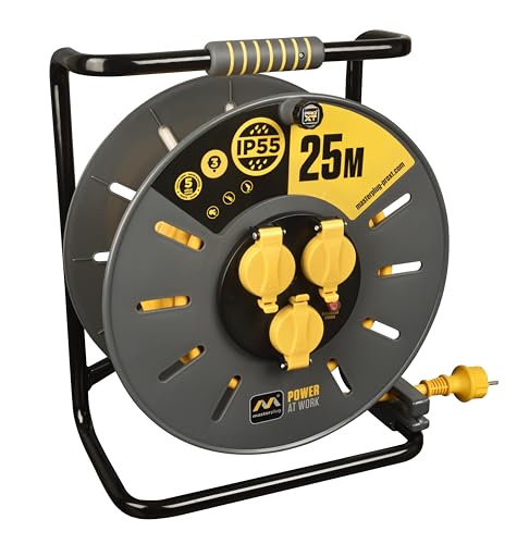 Masterplug Pro-XT Enrollacable 25m, Alargador Enchufe IP55, Extensión Eléctrica 3 Tomas Schuko, Alargo Enchufe Profesional 3x2,5mm2