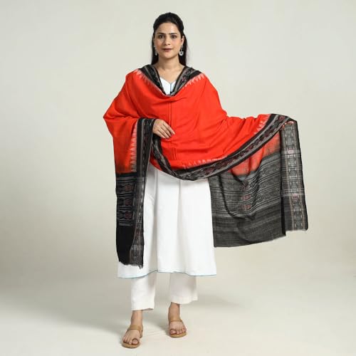 Image of Cotton Dupatta with weaving and Ikat woven border from the Weavers Stole for Girls & Women