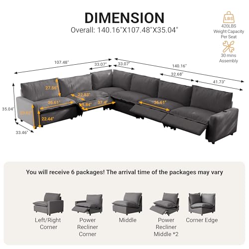 Image of 107.48 inch Power Reclining Sofa with Wireless Charging & Heated Seats,Smart Recliner Sectional Couch,Zero Gravity Recliner Sofa,Deep Seat Cloud Couch for Living Room Home Theater,Grey,6 Seats