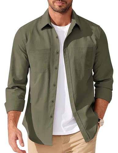 COOFANDY Men’s Woven Utility Shirt Long Sleeve Casual Button Up with Chest Pockets Olive Green