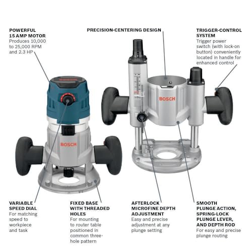 BOSCH MRC23EVSK Combination Router 15 Amp 2.3 Horsepower Corded Variable Speed Combination Plunge & Fixed-Base Router Kit with Hard Case