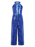 DINORMIN Kids Girl's One Shoulder Shiny Sequins Sleeveless Jumpsuit Pants Wedding Evening Romper Pants 001 Royal Blue 12 Years