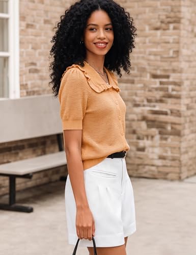 Image of Watashi Womens Ruffle Collar Puff Short Sleeve Cardigan Knit Crop Top | Peter Pan Collar Crochet Knitted Summer Fall Casual Work Wear Sweater