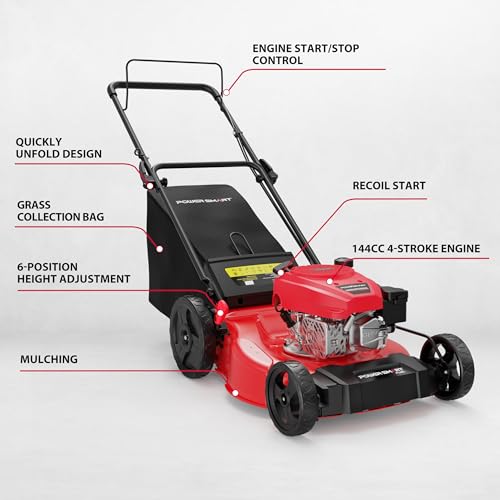 Image of PowerSmart 21 inch 2-in-1 Push Lawn Mower, 144cc Engine,Mulching, Bagging, High Wheels, Lightweight and Easy Assembly,6 Cutting Height, Lightweight,for Garden Yard