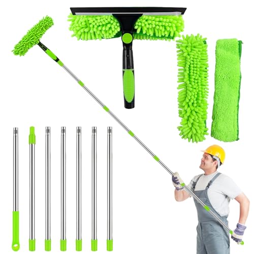 3M Fensterputzer Set, 2-in-1 Teleskop Fensterwischer 180° Drehbarer Bürstenkopf, Professioneller Fensterwischer mit Teleskopstiel, Fensterreiniger Set für Bad, Dusche, Glas, Auto, Fenster (Grün)
