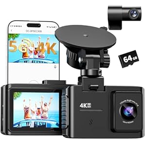 Dash Cam delantera y trasera: Cámara de tablero de doble canal 4K – WiFi de 5 GHz, cámara de tablero para automóviles con tarjeta de 64 GB, IPS de 2″, control de aplicaciones, sensor G, grabación en