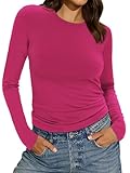 Women Long Sleeve Slim Fitted T Shirts Compression Crew Neck Basic Tops Sexy Going Out Top(Hot Pink,S)