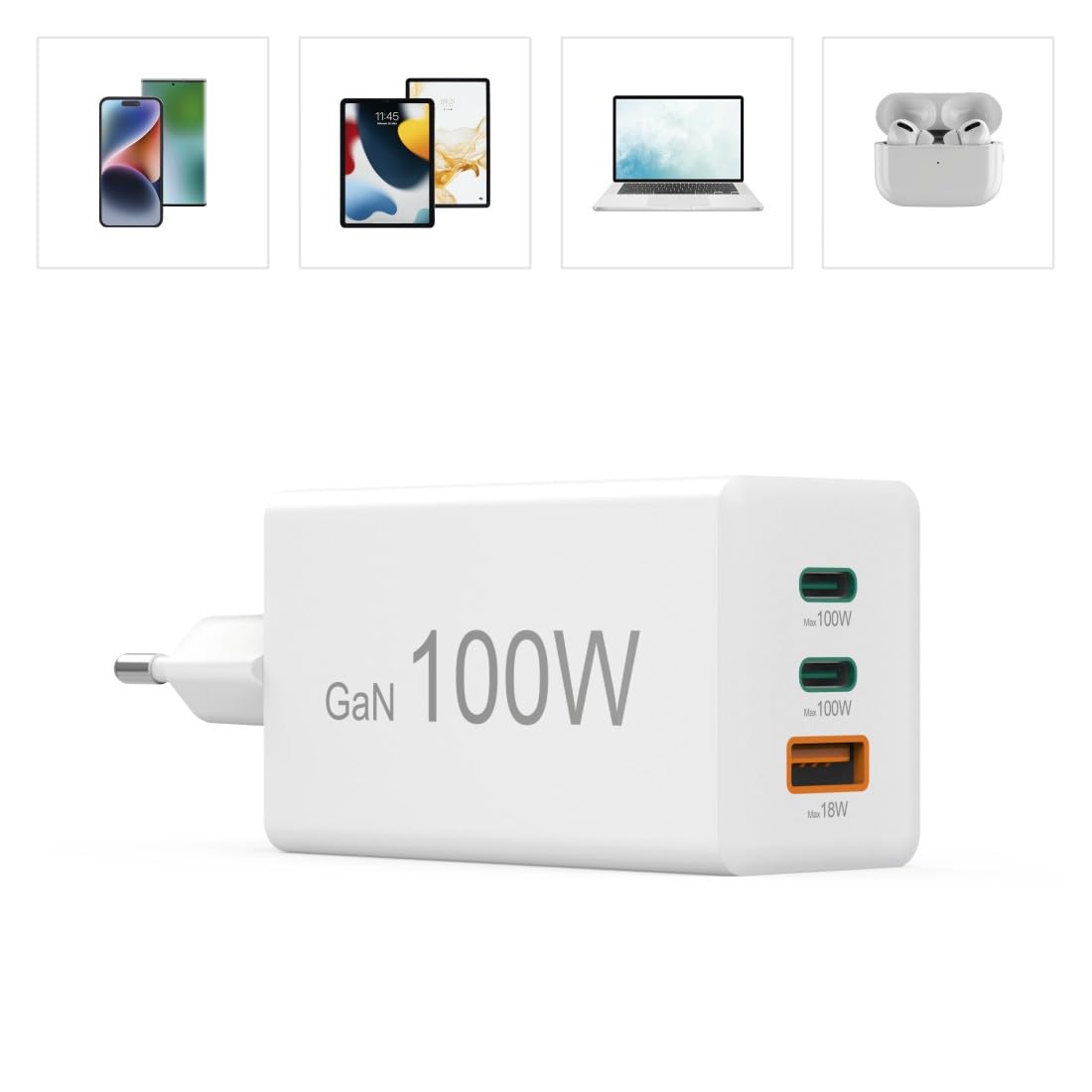Hama USB Schnellladegerät, 2X USB C + 1x USB A, Mini Ladegerät, 100W | GaN Charger schwarz, Universal Ladegerät, Quick Charge 3.0/Power Delivery, USB Ladestecker mehrfach, Laptop Netzteil
