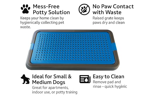 Image of Indoor Dog Potty Tray with Grate - No Paw Contact - Easy Clean Pee Pad Holder for Small & Medium Dogs - Reusable Pet Toilet Training Solution for Apartments & Indoor Use (Blue, Large)