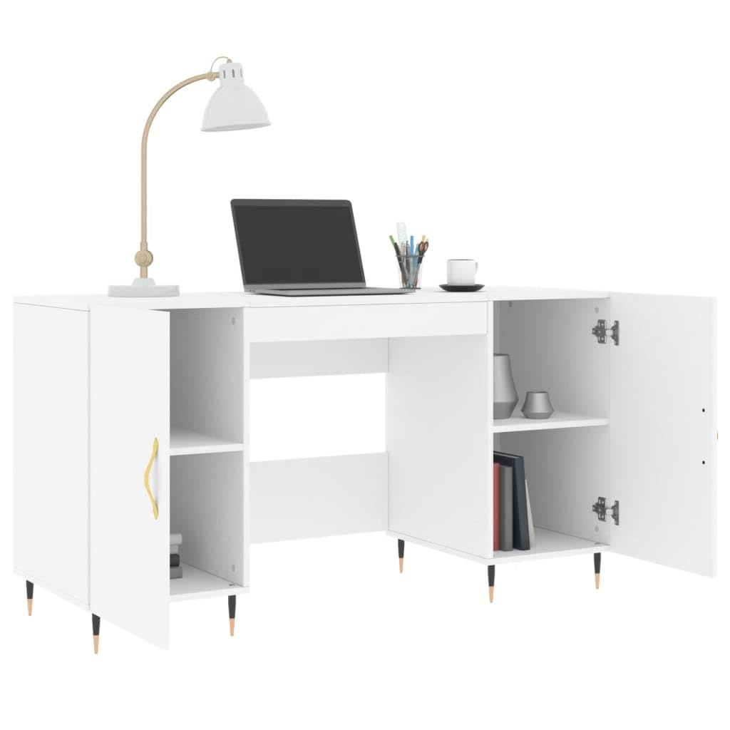 Biurko białe 140 x 50 x 75 cm, materiał drewnopochodny z 4 półkami, żelazne nóżki, aluminiowe uchwyty, kompaktowy stół roboczy do domowego biura, gabinetu, stabilne meble biurowe