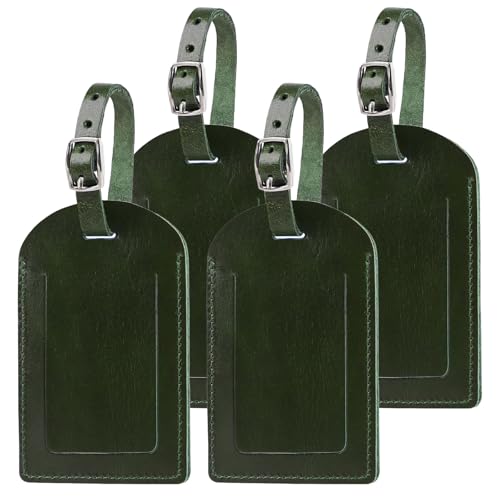 Ringsun Genuine Leather Luggage Tag for Suitcases ID Tags Bag Tags for Luggage (4 Pack, Green)