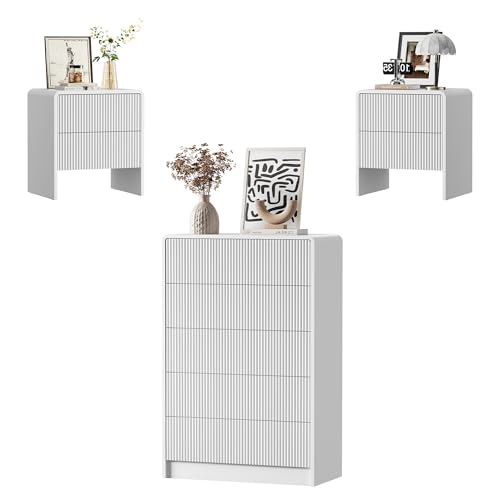 Image of Furniway 3 Piece Bedroom Dresser Set, 5 Drawer Dresser with 2 Nightstands, Fluted Chest of Drawers with Pop-Up Design, Modern Storage Furniture for Bedroom, Living Room, Entryway, White